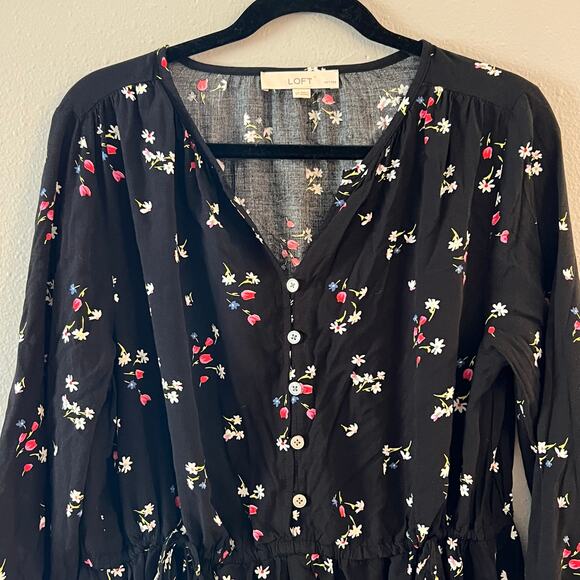 LOFT Petites Floral Side Tie Button Dress Black Long Sleeve Size Large Petite - Picture 3 of 6